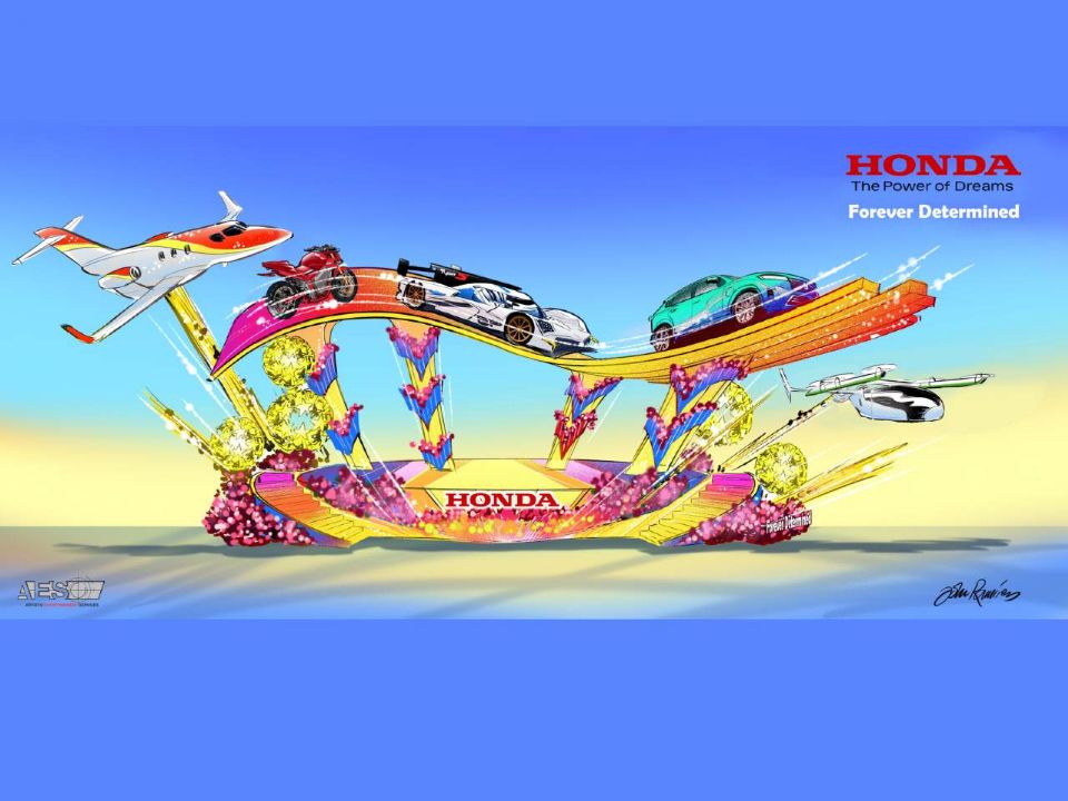 Carro alegórico da Honda para a Rose Parade, nos EUA, com moto elétrica