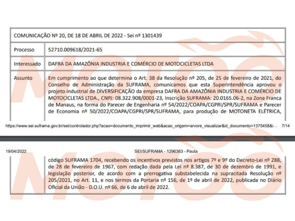 Documento mostra autorização para Dafra produzir motoneta elétrica no Brasil