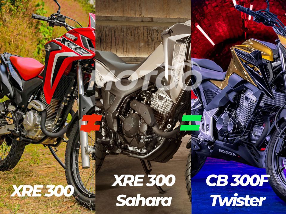 Compare os detalhes dos motores da XRE 300 (esquerda), XRE 300 Sahara e CB 300F Twister