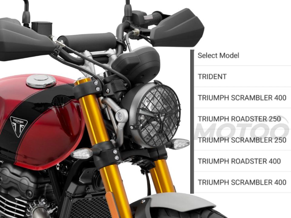 Triumph Scrambler 400 X junto aos nomes Scrambler 250 e Roadster 250 que apareceram em site da marca