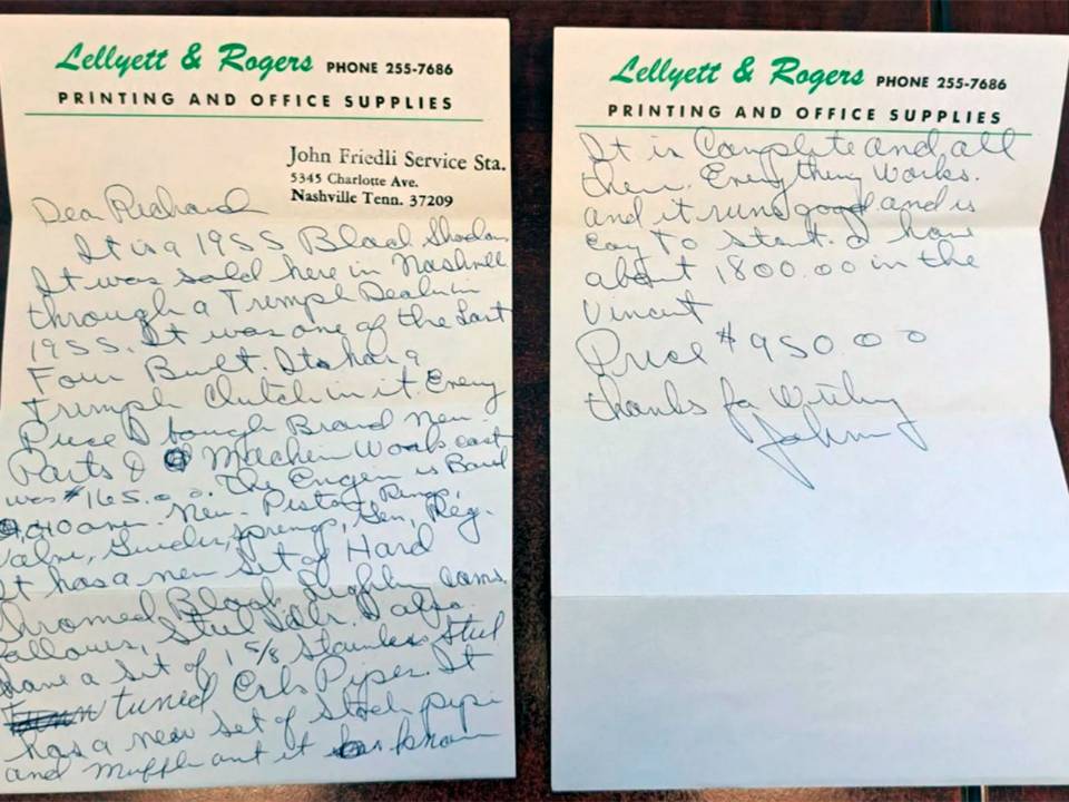 Carta do antigo proprietário descrevendo a retífica na Vincent Black Shadow 1955